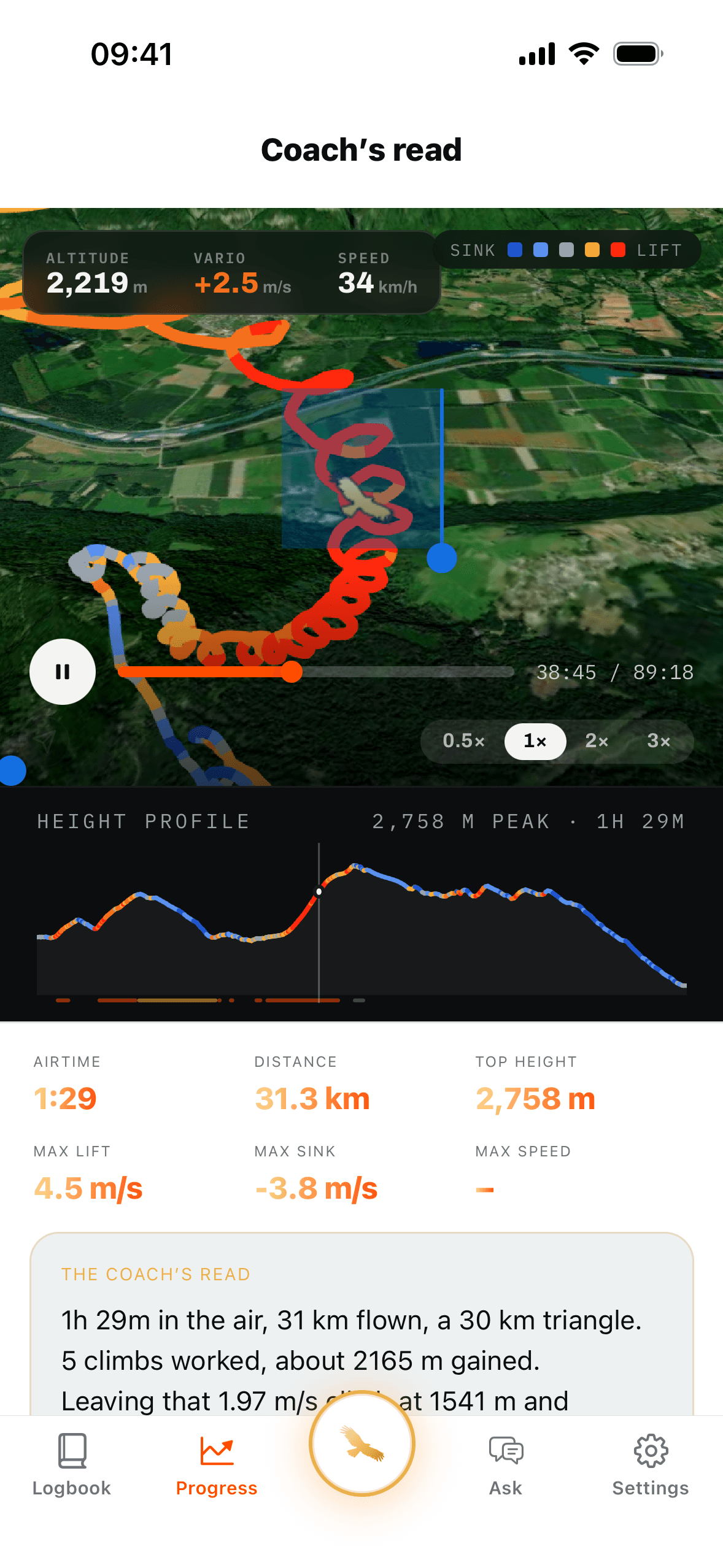 A flight replaying in 3D, coring a thermal, with the coach's read underneath
