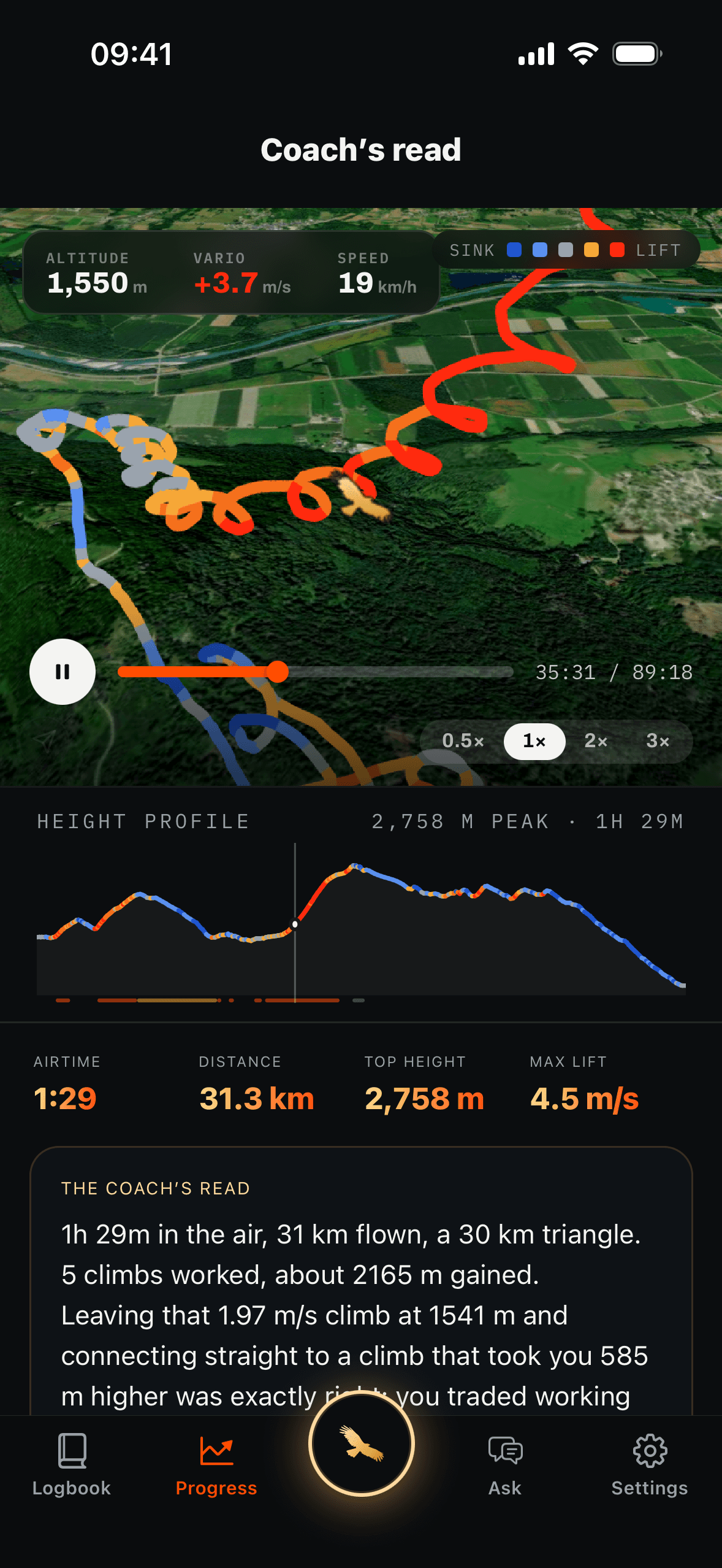 A flight replaying in 3D, coring a thermal, with the coach's read underneath