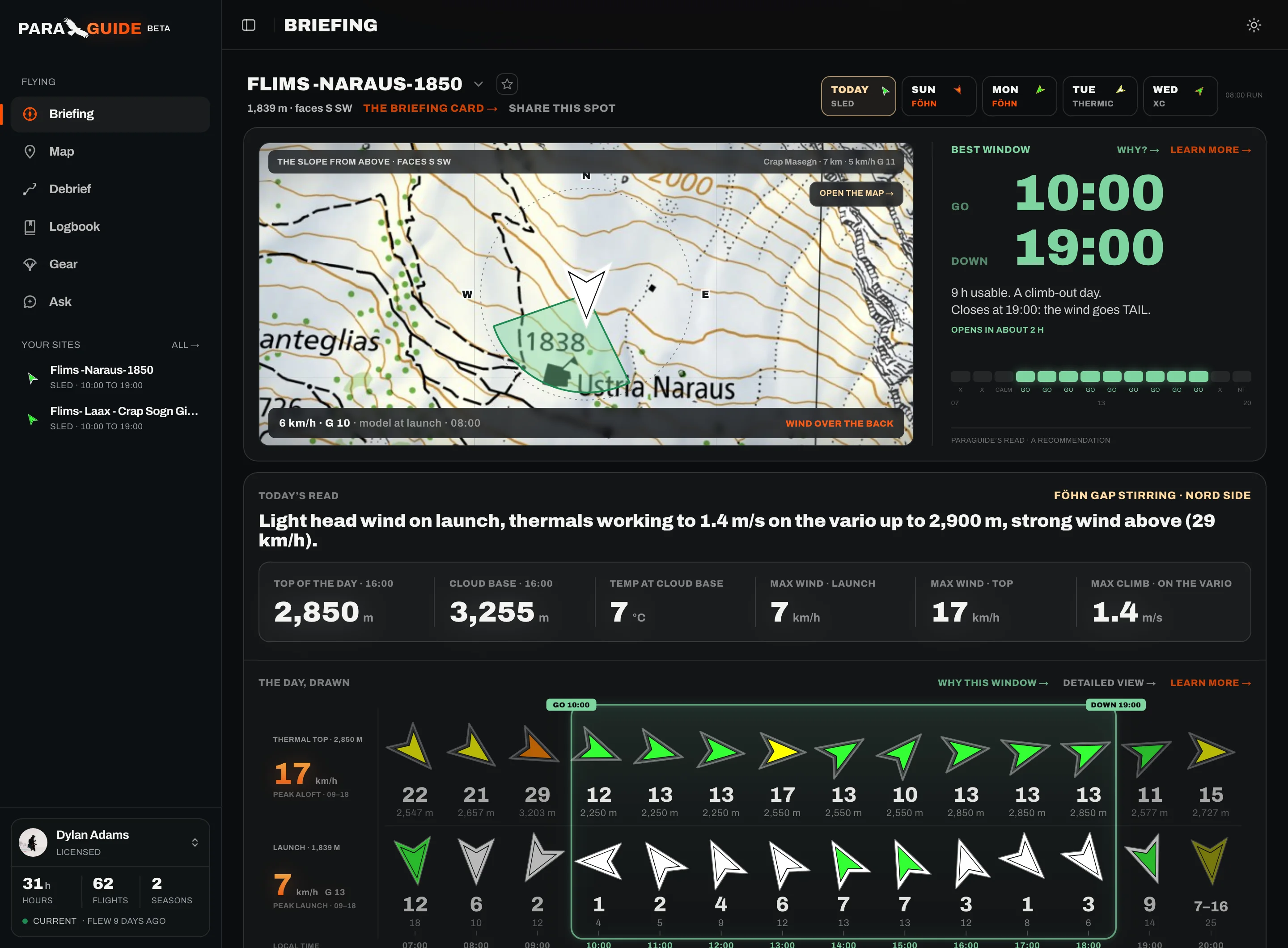 Paraguide: the Briefing room for Flims Naraus inside the app, with the sidebar's pages, the slope from above, the best window and today's read